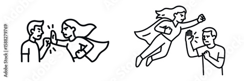 Characters engage in conflict and confrontation with dramatic expressions in a minimalist style