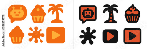 Colorful graphic design featuring playful icons of cupcakes, robots, and palm trees against a vibrant background