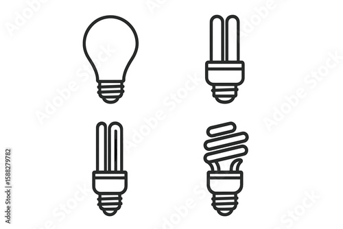 Different types of light bulbs arranged in a grid layout for design and comparison purposes