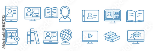 Education icons representing different learning methods, including online classes and reading materials