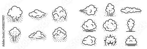 Variety of cloud and smoke icon designs in simple line art style for digital graphics and illustrations
