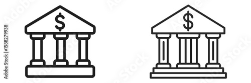 Illustration of two bank building icons showcasing different column designs in a minimalist style
