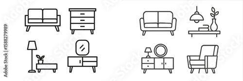 Elegant line art representations of modern furniture pieces in a stylish living room setting