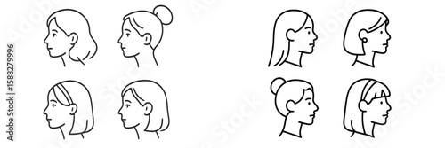 Different hairstyles illustrated in a simple and clean design featuring side profiles of women in various styles