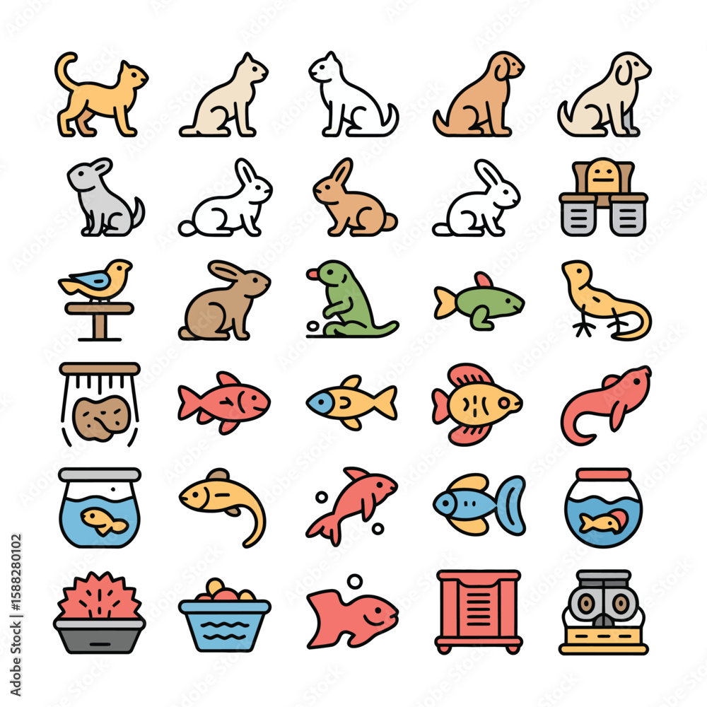 Fototapeta premium Colorful Collection of Pet Icons Featuring Cats Dogs Rabbits Birds Fish Reptiles and Aquarium Accessories Illustrated in a Flat Line Art Style with Bold Outlines and Pastel