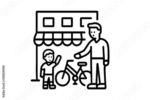 Father and son enjoy outdoor activity in front of a bike shop on a sunny day