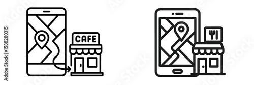 Navigation apps showing locations for cafe and restaurant with mobile devices connected