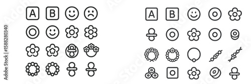 Unique collection of simple icons featuring flowers, shapes, and emotive symbols on a clean background