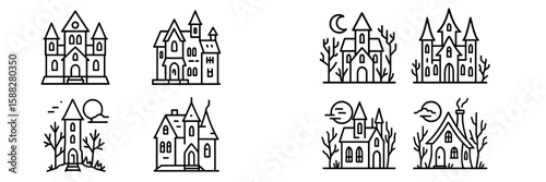 Sets of haunted house illustrations featuring various architectural designs and spooky elements