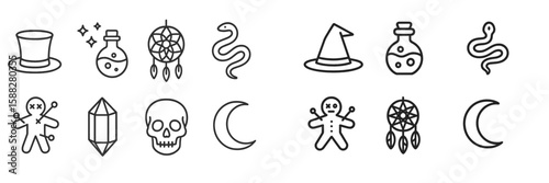 Halloween-themed illustrations featuring magical elements, mystical symbols, and spooky icons suitable for various decorations and crafts