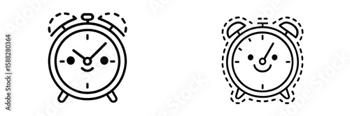 Cute cartoon alarm clocks with happy faces on a white background showcasing playful design elements and simple lines