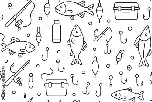Fishing gear and aquatic life patterns presented in a creative design for outdoor enthusiasts and lovers of nature-based activities