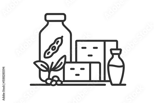 Iconic representation of plant-based food products arranged artistically in a minimalist style
