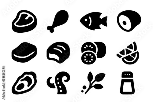 Variety of food icons showing meat, seafood, and vegetables arranged on a simple background