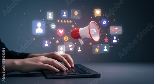 Hands Typing on Laptop with Social Media Icons and Megaphone