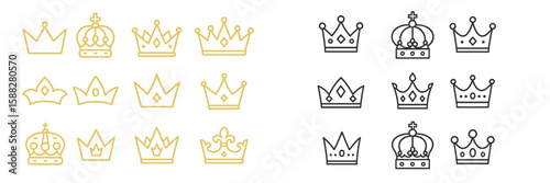 Various crown designs in gold and black suitable for illustrations or graphic projects
