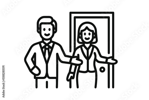 Couple welcoming guests at home during a social gathering in a modern living space