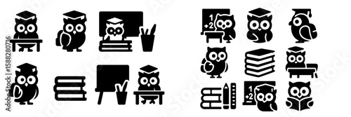 Several illustrated owls engaged in various school-related activities in a playful and educational style