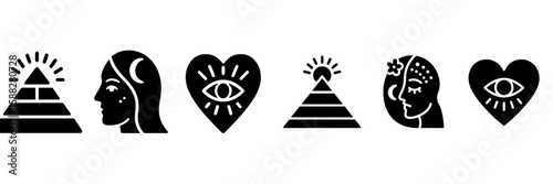 Unique artistic designs featuring pyramid, women, and heart symbols with mystical elements in a minimalist style