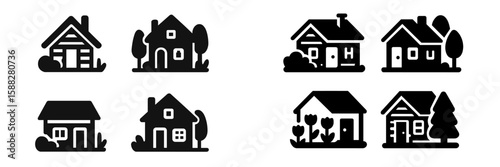 Simple black and white house illustrations showcasing various architectural styles and landscaping elements