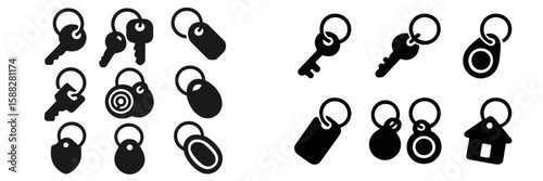 Silhouettes of various keys and keychains displayed on a simple background for design purposes