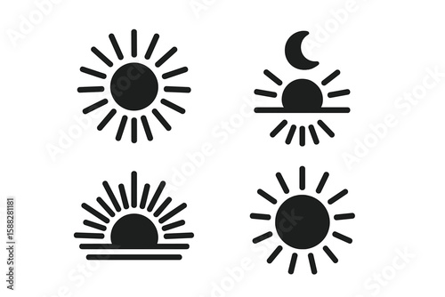 Iconic sun and moon symbols representing different times of day and seasonal changes in a minimalistic style