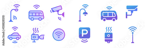 Wireless connectivity icons representing various urban surveillance and transport systems in a modern city environment