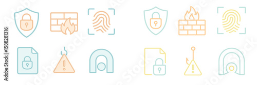 Collection of security icons representing various safety features and systems in a digital environment