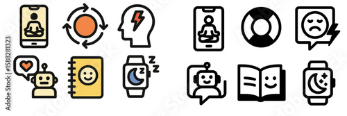 Various icons representing mental wellness and mindfulness practices in a digital context