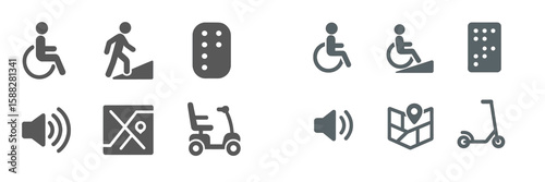 Accessibility icons illustrating various mobility options and navigational aids in urban settings