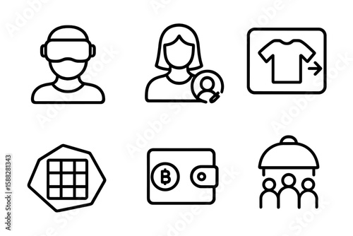 Digital symbols represent modern technology trends like virtual reality, cryptocurrency, and online shopping influences in daily life