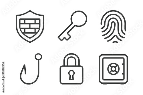 Collection of security icons including a shield, key, fingerprint, hook, padlock, and safe in a simple design