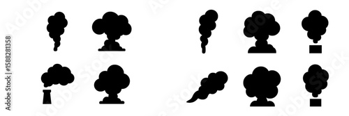 Variations of smoke and explosion symbols created with black silhouettes on a white background