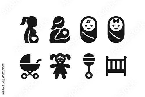 Creative representations of motherhood and childhood in minimalistic black icons showcasing pregnancy, babies, and care activities