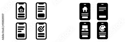 Icons representing mobile application interfaces displaying various features and functionalities in a minimalistic style