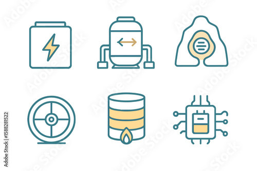 Collection of energy and technology icons illustrating power, data, and engineering concepts in a modern style