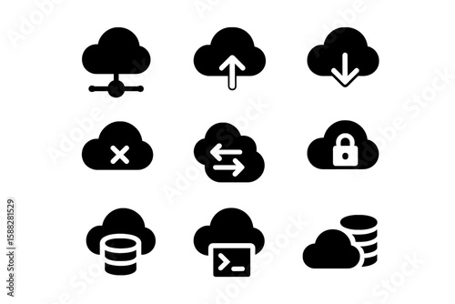 Cloud computing icons representing upload, download, data transfer, and security features in a simple design