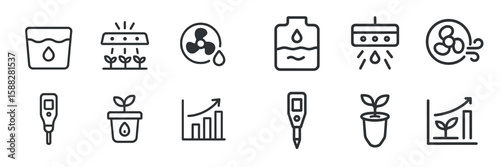 Icons representing various aspects of plant care and growth, emphasizing water, light, and environmental data