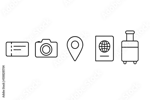 Travel essentials for a memorable journey found in icons showcasing tickets, a camera, location pin, passport, and suitcase