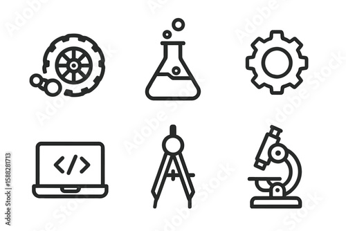 Engineering and science icons representing technology, innovation, and research tools in a flat design