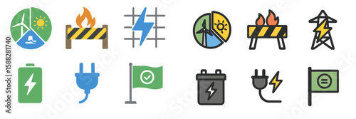 Energy icons and symbols representing renewable energy and sustainability in a vibrant design