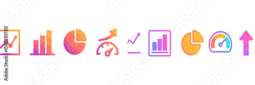 Colorful icons representing various data visualization elements and analytics concepts in a modern design setting
