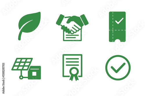 Symbols representing sustainability, agreements, and certifications in a green-themed design for eco-friendly initiatives