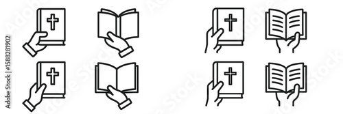 Collection of hand-drawn icons showcasing various positions of an open and closed book with a cross symbol