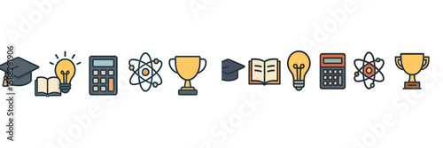 Educational symbols and icons representing learning, achievement, and knowledge in a modern design