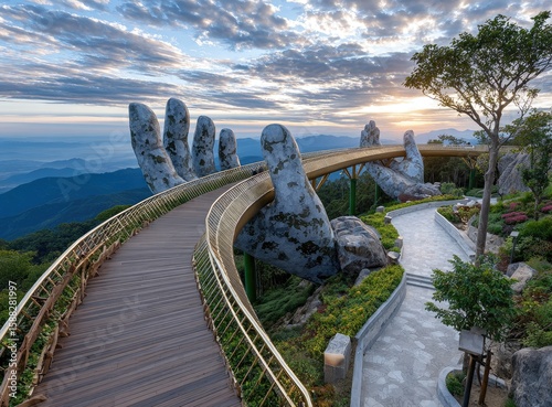 The Golden Bridge of the Ba Na Hills, hand-shaped structures on mountain peaks at sunset in Da Nang, Vietnam
