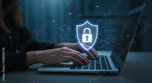 Woman Typing on Laptop with Digital Security Shield Overlay, Data Protection Concept