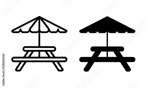 Picnic Table with Umbrella Icons. Black and White Outline and Solid Style Vector Illustration, Outdoor Park Bench Symbol for Camping, Garden, Restaurant Patio, or Picnic Area Design