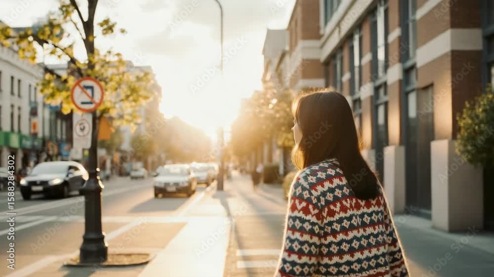 Woman standing on a city street at sunset, looking into the distance Woman standing on a city street at sunset, looking into the distance