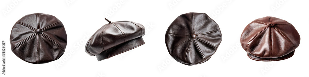 Set of Brown Leather Berets in Different Angles on White Background Set of Brown Leather Berets in Different Angles on White Background
